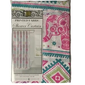 Shower Curtain Elephant Print Fabric Colorful Pink Teal Green  NWT 70 x 72 in